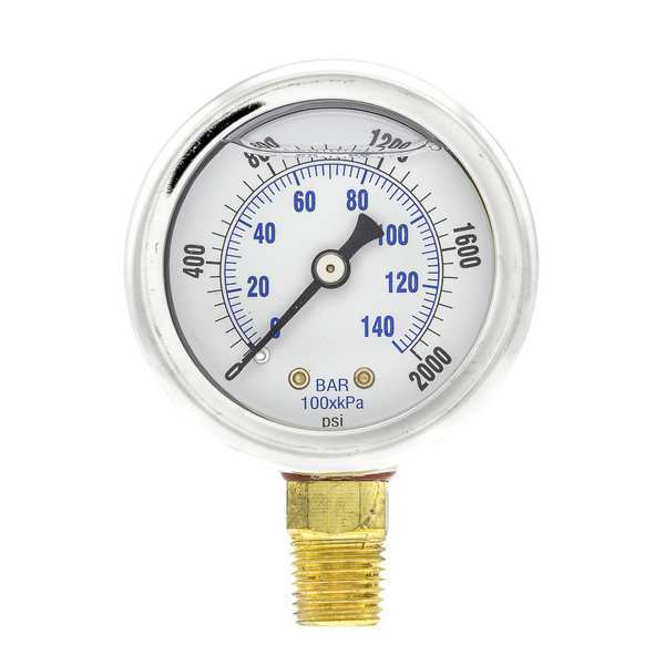 Pic Gauges Pressure Gauge, 0 to 2000 psi, 1/4 in MNPT, Stainless Steel, Silver 201L-204O