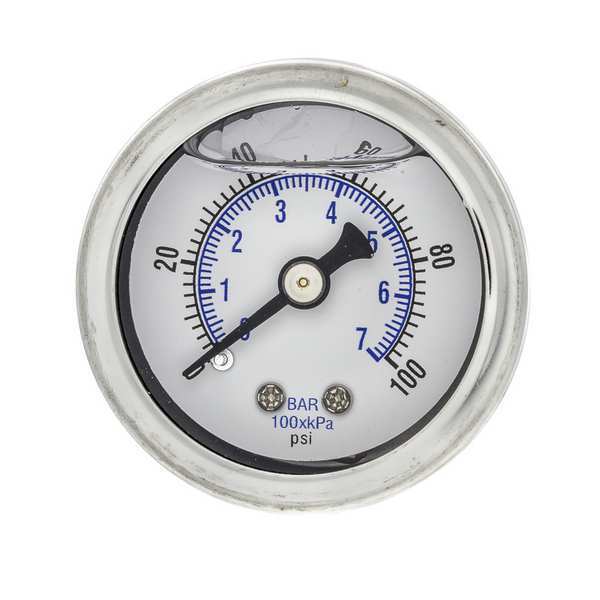 Pic Gauges Pressure Gauge, 0 to 100 psi, 1/8 in MNPT, Stainless Steel, Silver 202L-158E