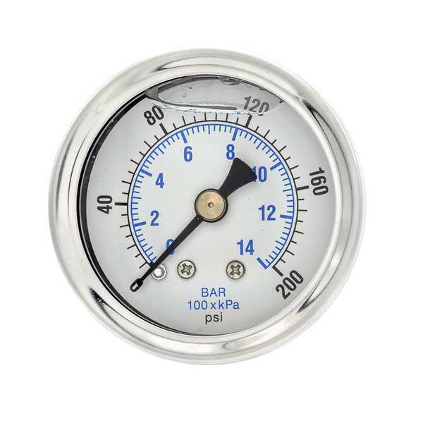 Pic Gauges Pressure Gauge, 0 to 200 psi, 1/8 in MNPT, Stainless Steel, Silver 202L-158G
