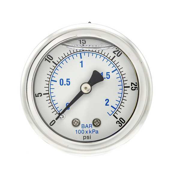 Pic Gauges Pressure Gauge, 0 to 30 psi, 1/4 in MNPT, Stainless Steel, Silver 202L-204C
