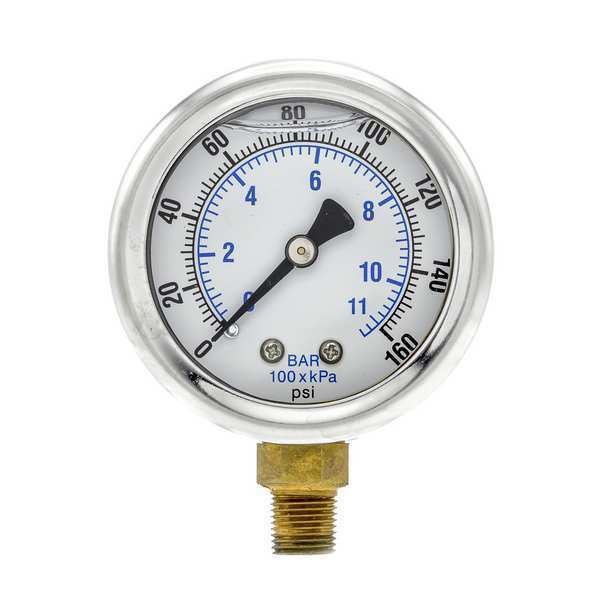 Pic Gauges Pressure Gauge, 0 to 160 psi, 1/8 in MNPT, Stainless Steel, Silver 201L-208F