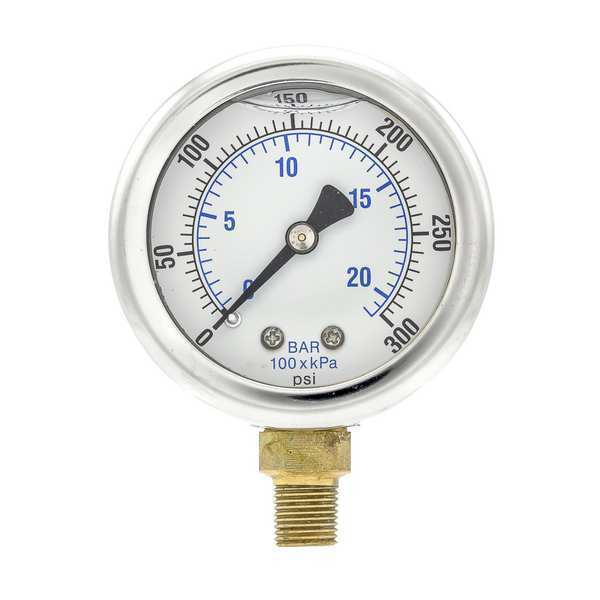 Pic Gauges Pressure Gauge, 0 to 300 psi, 1/8 in MNPT, Stainless Steel, Silver 201L-208H