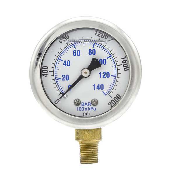 Pic Gauges Pressure Gauge, 0 to 2000 psi, 1/8 in MNPT, Stainless Steel, Silver 201L-208O