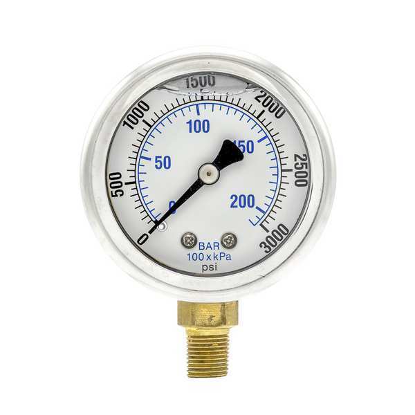 Pic Gauges Pressure Gauge, 0 to 3000 psi, 1/8 in MNPT, Stainless Steel, Silver 201L-208P