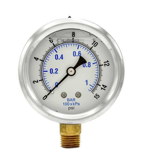 Pic Gauges Pressure Gauge, 0 to 15 psi, 1/4 in MNPT, Stainless Steel, Silver PRO-201L-254B