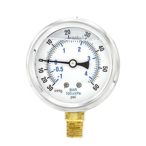 Pic Gauges Compound Gauge, -30 to 0 to 60 in Hg/psi, 1/4 in MNPT, Stainless Steel, Silver PRO-201L-254CD