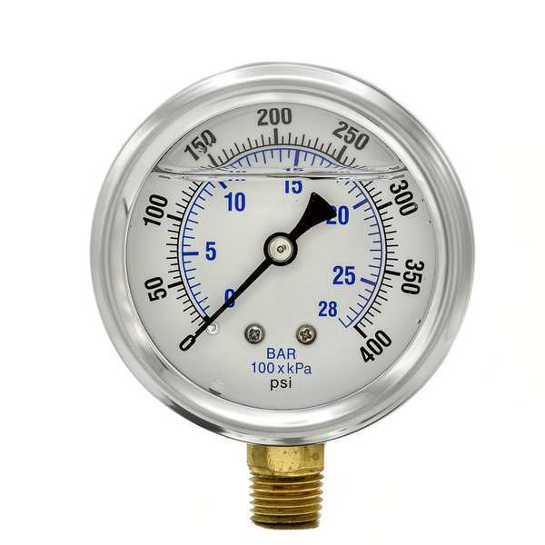 Pic Gauges Pressure Gauge, 0 to 400 psi, 1/4 in MNPT, Stainless Steel, Silver PRO-201L-254I