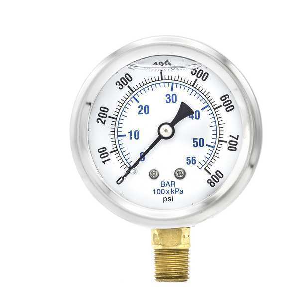 Pic Gauges Pressure Gauge, 0 to 800 psi, 1/4 in MNPT, Stainless Steel, Silver PRO-201L-254L