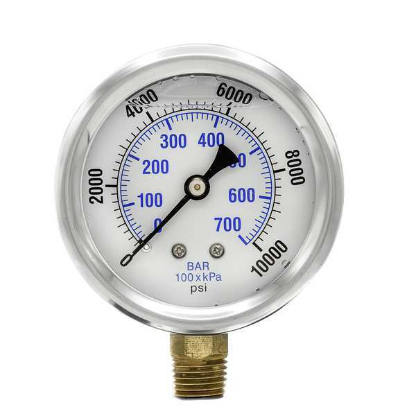 Pic Gauges Pressure Gauge, 0 to 10,000 psi, 1/4 in MNPT, Stainless Steel, Silver PRO-201L-254U