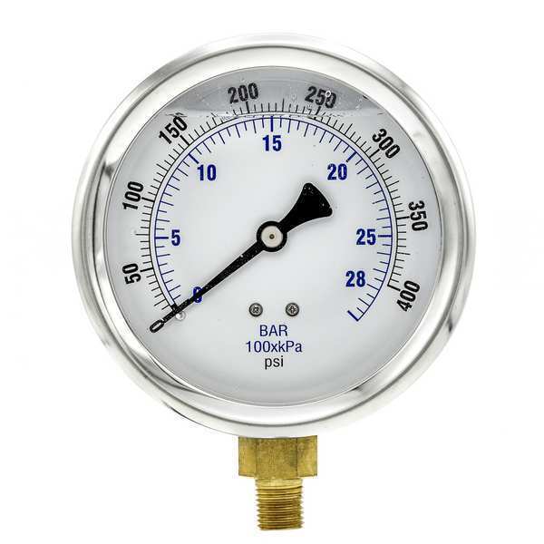 Pic Gauges Pressure Gauge, 0 to 400 psi, 1/4 in MNPT, Stainless Steel, Silver 201L-404I