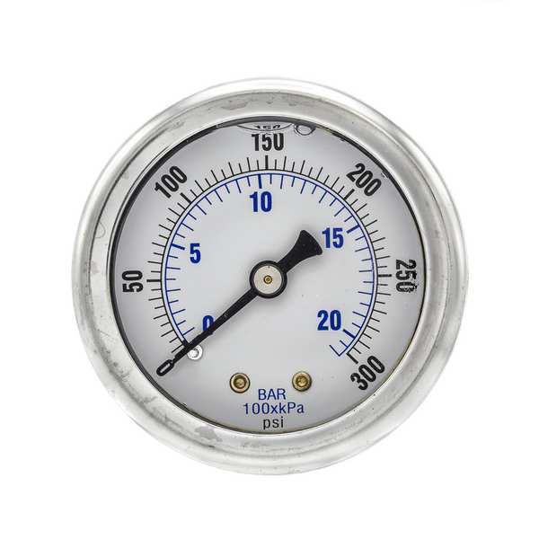 Pic Gauges Pressure Gauge, 0 to 300 psi, 1/4 in MNPT, Stainless Steel, Silver 202L-204H