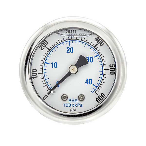 Pic Gauges Pressure Gauge, 0 to 600 psi, 1/4 in MNPT, Stainless Steel, Silver 202L-204K