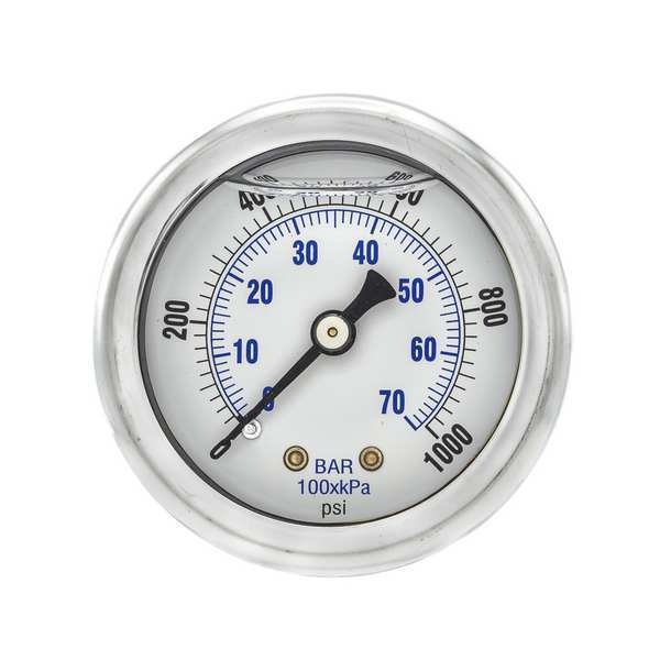 Pic Gauges Pressure Gauge, 0 to 1000 psi, 1/4 in MNPT, Stainless Steel, Silver 202L-204M