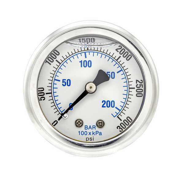 Pic Gauges Pressure Gauge, 0 to 3000 psi, 1/4 in MNPT, Stainless Steel, Silver 202L-204P