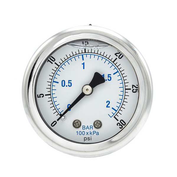 Pic Gauges Pressure Gauge, 0 to 30 psi, 1/8 in MNPT, Stainless Steel, Silver 202L-208C