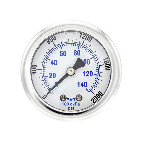 Pic Gauges Pressure Gauge, 0 to 2000 psi, 1/8 in MNPT, Stainless Steel, Silver 202L-208O
