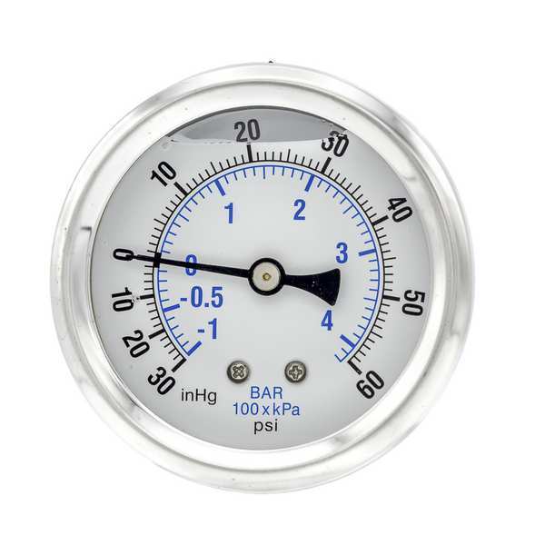 Pic Gauges Compound Gauge, -30 to 0 to 60 in Hg/psi, 1/4 in MNPT, Stainless Steel, Silver PRO-202L-254CD