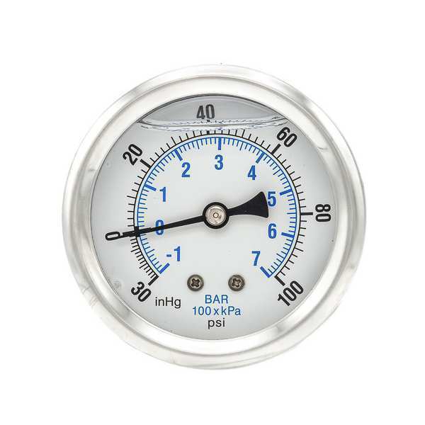 Pic Gauges Compound Gauge, -30 to 0 to 100 in Hg/psi, 1/4 in MNPT, Stainless Steel, Silver PRO-202L-254CE