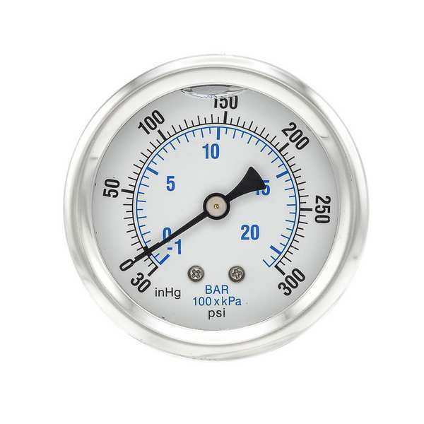Pic Gauges Compound Gauge, -30 to 0 to 300 in Hg/psi, 1/4 in MNPT, Stainless Steel, Silver PRO-202L-254CH