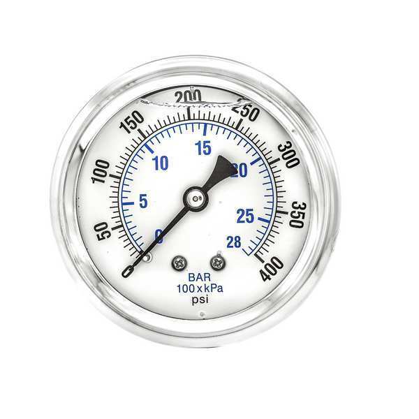 Pic Gauges Pressure Gauge, 0 to 400 psi, 1/4 in MNPT, Stainless Steel, Silver PRO-202L-254I