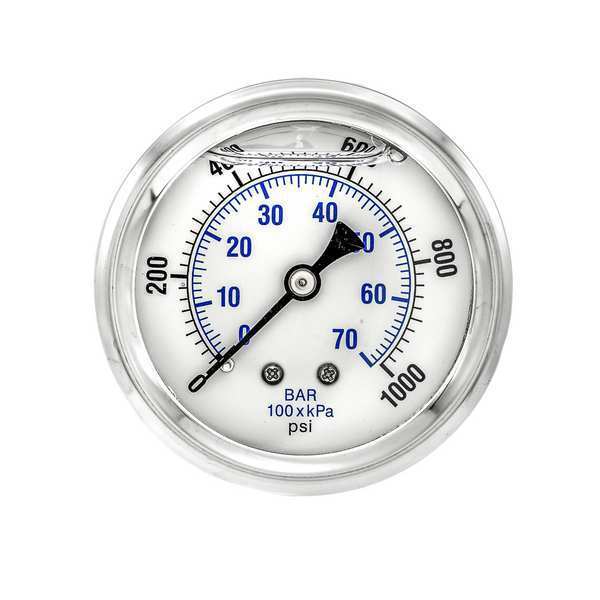 Pic Gauges Pressure Gauge, 0 to 1000 psi, 1/4 in MNPT, Stainless Steel, Silver PRO-202L-254M