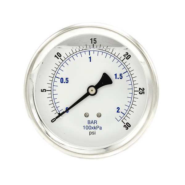 Pic Gauges Pressure Gauge, 0 to 30 psi, 1/4 in MNPT, Stainless Steel, Silver 202L-404C