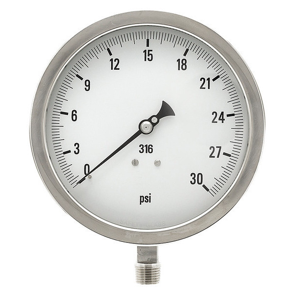 Pic Gauges Pressure Gauge, 0 to 30 psi, 1/2 in MNPT, Stainless Steel, Silver 6001-2LC