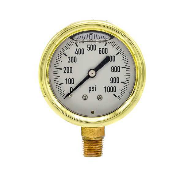 Pic Gauges Pressure Gauge, 0 to 1000 psi, 1/4 in MNPT, Brass, Gold 601L-254M