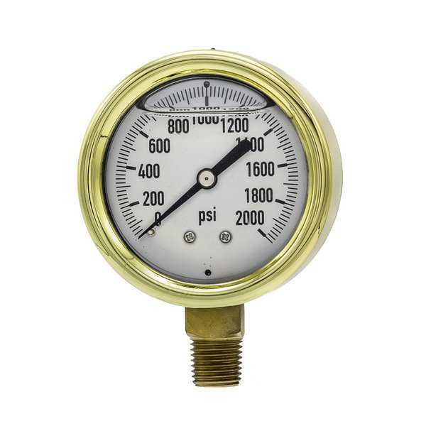 Pic Gauges Pressure Gauge, 0 to 2000 psi, 1/4 in MNPT, Brass, Gold 601L-254O
