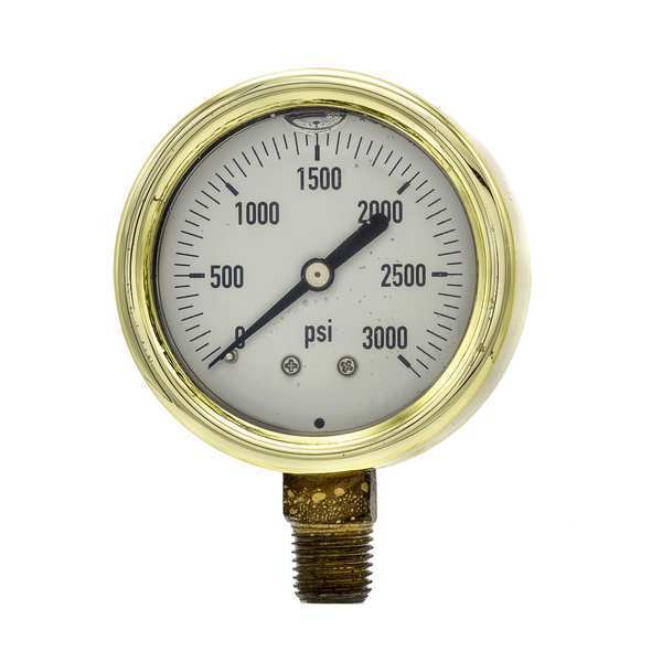 Pic Gauges Pressure Gauge, 0 to 3000 psi, 1/4 in MNPT, Brass, Gold 601L-254P