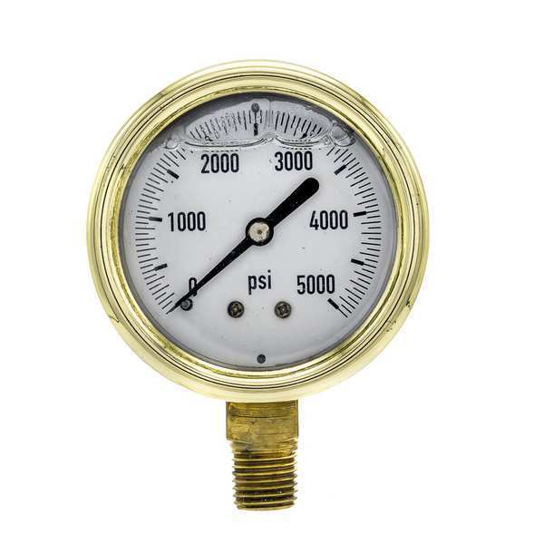 Pic Gauges Pressure Gauge, 0 to 5000 psi, 1/4 in MNPT, Brass, Gold 601L-254R