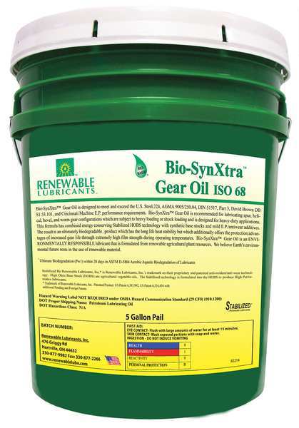 Renewable Lubricants 5 gal Bio-SynXtra Gear Oil Pail 68 ISO Viscosity, 80W85 SAE, Yellow 82414