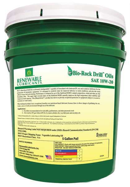Renewable Lubricants Biodegradable Rock Drill Oil, 10W-20, 5 gal. 83004