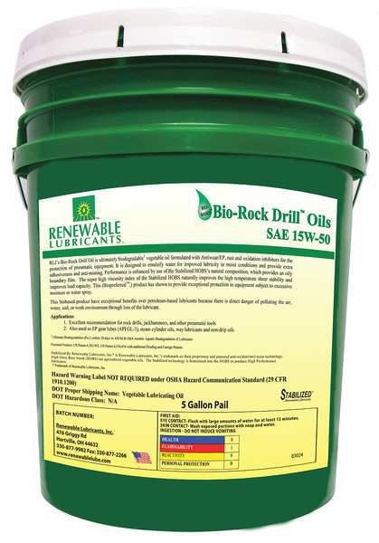 Renewable Lubricants Biodegradable Rock Drill Oil, 15W-50, 5 gal. 83024