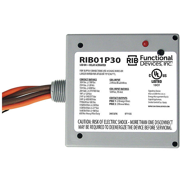 Functional Devices-Rib Enclosed Pre-Wired Relay, 20A@300VAC, DPST RIB01P30