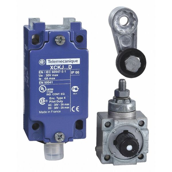 Telemecanique Sensors Heavy Duty Limit Switch, Roller Lever, Rotary, 1NC/1NO, 4A @ 240V AC, Actuator Location: Side XCKJ10511D