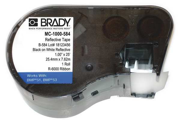 Brady Label Tape Cartridge, Black on White Reflective, Labels/Roll: Continuous MC-1000-584