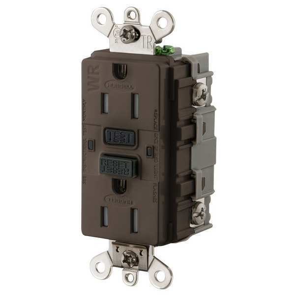 Hubbell GFCI Receptacle, 15A, 125VAC, 5-15R, Brown GFSG5262GRY