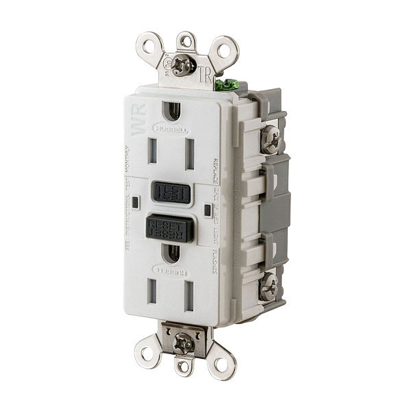 Hubbell GFCI Receptacle, 15A, 125VAC, 5-15R, White GFSG5262W
