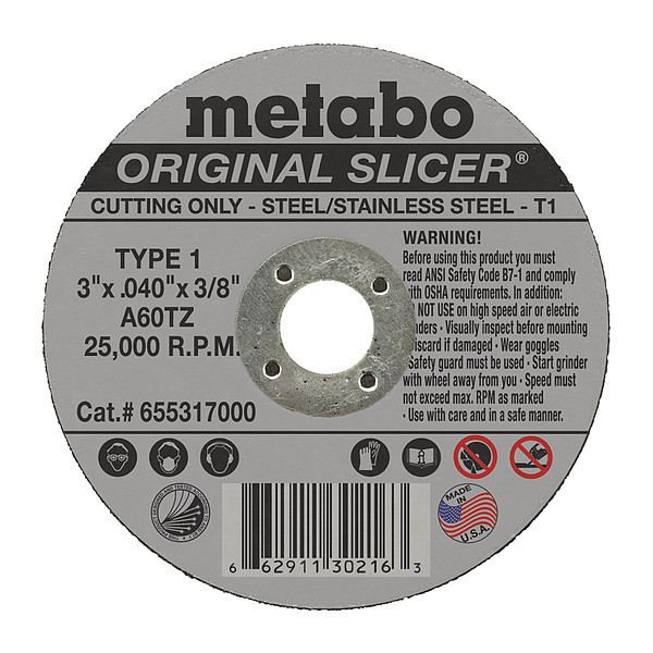 Metabo Cutting Wheel, T1, A60TZ, 3"X0.040"X3/8" 655317000