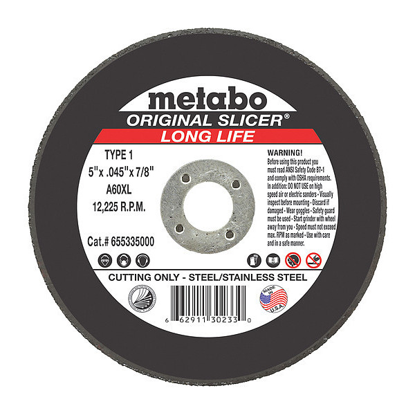 Metabo Cutting Wheel, T1, A60XL, 5"X0.045"X7/8" 655335000