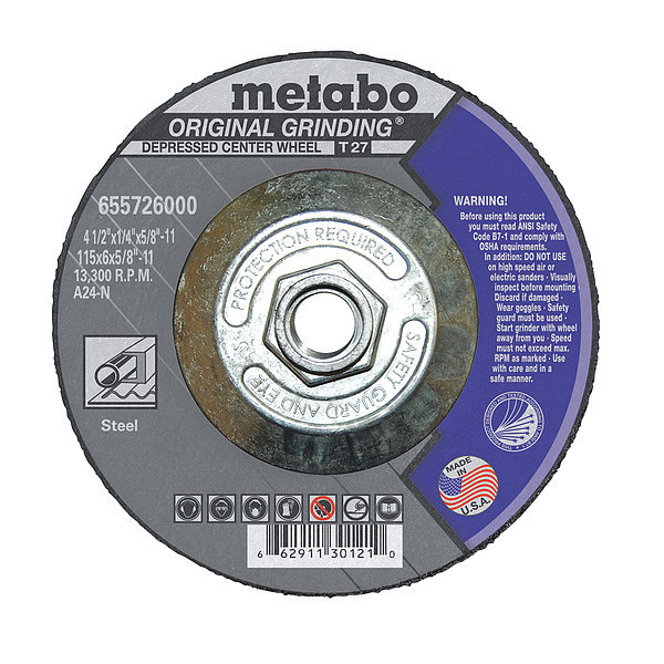 Metabo Grinding Wheel, T27, A24N, 4.5X1/4"X5/8"-11 655726000