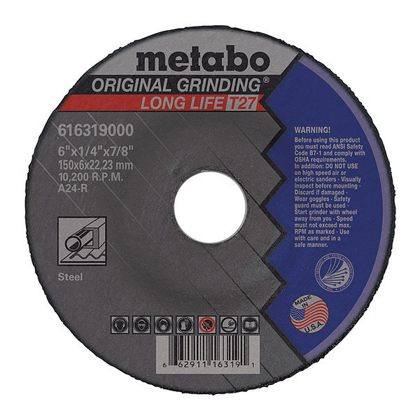 Metabo Grinding Wheel, T27, A24R, 6"X1/4"X7/8" 616319000