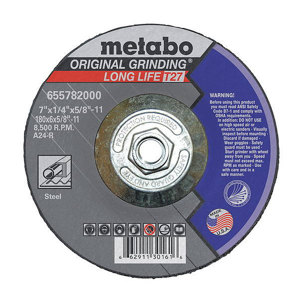 Metabo Grinding Wheel, T27, A24R, 7"X1/4"X5/8"-11 655782000