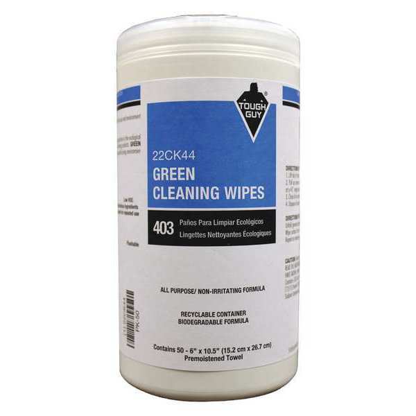 Tough Guy Green Cleaning Wipes, White, Canister, Biodegradable, 50 Wipes, 6 in x 10-1/2 in, Unscented, 6 PK 22CK44
