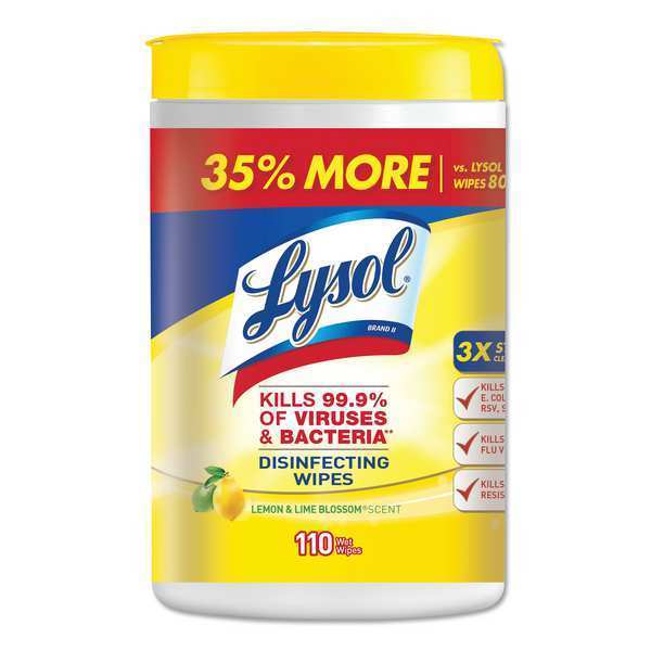 Lysol Disinfecting Wipes, White, Canister, 110 Wipes, 8 in x 7 in, Lemon and Lime Blossom, 6 PK RAC78849