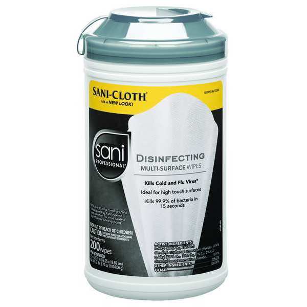 Sani Professional Disinfecting Wipes, White, Canister, 200 Wipes, 7 1/2 in x 5 3/8 in, Solvent P22884