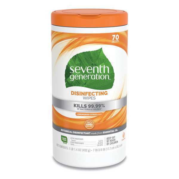 Seventh Generation Disinfecting Wipes, White, Canister, Cloth-Like, 70 Wipes, 7 in x 8 in, Lemongrass Citrus, 6 PK SEV 22813