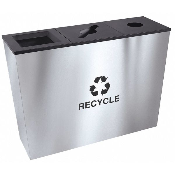 Tough Guy 54 gal Rectangular Recycling Bin, Open Top, Silver, Steel, 3 Openings 22N278