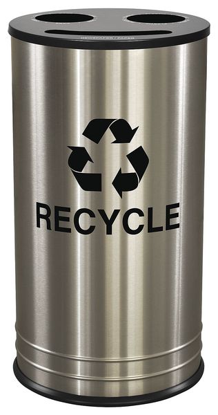 Tough Guy 14 gal Round Recycling Bin, Open Top, Silver, Steel, 3 Openings 22N279